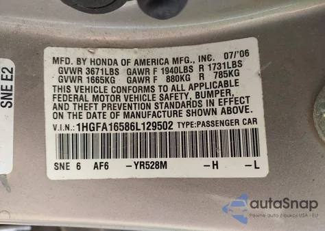 2006 Honda Civic Lx from USA, damaged, VIN 1HGFA16586L129502